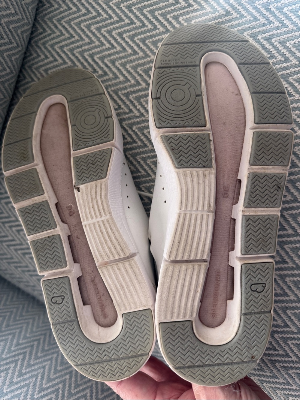 On Running Women's White Sneakers with Light Pink Lining and green trim. - Picture 5 of 5